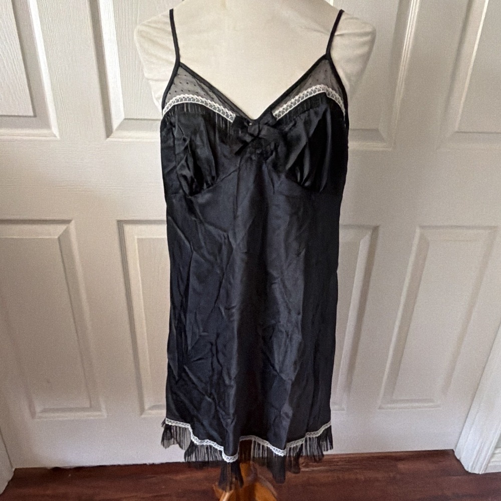 Black Satiny Babydoll Slip Dress XL Lace Trim Y2K Coquette Goth Morgan Taylor